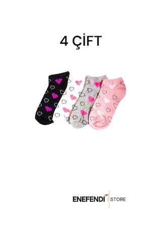 Enefendi Kadın Patik Çorap 4 Çift Kalp Desenli Pamuklu Kısakonç Çorabı 36-40 Renkli