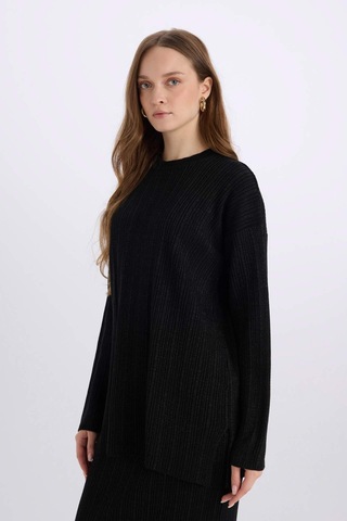 DeFacto Relax Fit Bisiklet Yaka Basic Düz Triko Kazak Tunik D8633AX24WNBK81 Siyah