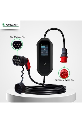 Coswatt Elektrikli Araç Taşınabilir Şarj Istasyonu 11 Kw - 16A / Tip-2 / 5X16A Fiş / Trifaze / 5m / Çantalı / Ev Tipi Dönüştürücü Kablolu