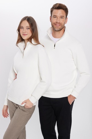 Tudors Unisex Relax Fit Rahat Kesim Pamuklu İçi Polarlı Yarım Fermuarlı Beyaz Dik Yaka Sweatshirt-31443 Beyaz