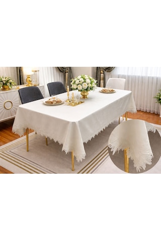 Goldroom Home Fransız Dantelli Linen Kumaştan 160 220 Lüks Masa Örtüsü Krem