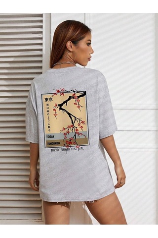 Flower Festival T-shirt - Gri Baskılı Oversize Bisiklet Yaka Kısa Kol Gri