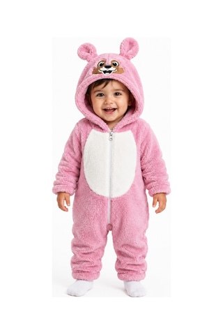 Chicsy Baby Tatlı Kız Bebek Welsoft Tulum Hayvan Yüzü Nakışlı Kulaklı Kapüşonlu Fermuarlı Peluş Kışlık Bebek Tulumu Gül Kurusu