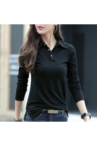 Düğme T Gömlek Kadın Sonbahar Üstleri Dönüş Yaka Ince Pamuklu Tişört Kadın Uzun Kollu Kadın Giysileri Tee Gömlek Femme Siyah