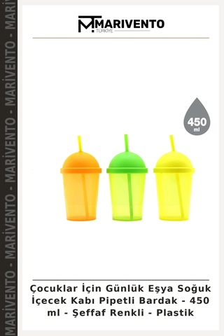 Çocuklar İçin Günlük Eşya Soğuk İçecek Kabı Pipetli Bardak - 450 Ml - Şeffaf Renkli - Plastik Çok Renkli