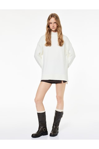 Koton Uzun Kollu Dik Yaka Yırtmaç Detaylı Oversize Triko Tunik Ekru 6wal60002ht Ekru
