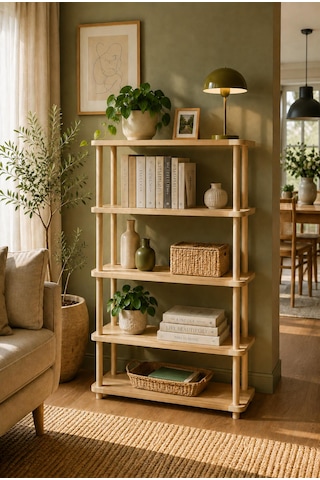 Tridihome 5 Katlı Kolay Kurulum Çok Amaçlı Raf Ünitesi Salon Ofis Çocuk Odası Doğal Ahşap Kitaplık Natural Ahşap