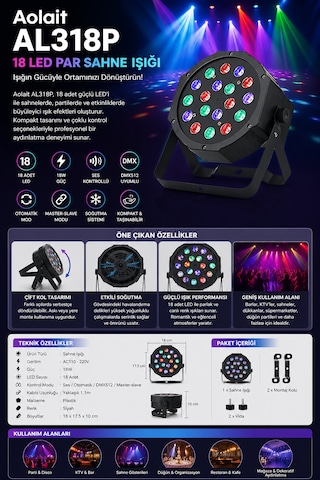 Aolait Al318p 18 Led Par Sahne Işığı 18w Dmx512 Ses Kontrollü Disko Parti Işığı Siyah