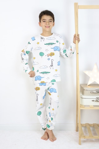 Erkek Çocuk Baskılı İnterlok Kumaş Uzun Kollu Pijama Takımı Beyaz