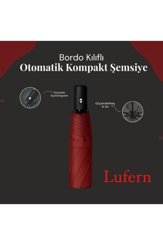 Lufern Modern Bordo Kılıflı Otomatik Kompakt Şemsiye Rüzgarda Kırılmayan 8 Telli Su Geçirmez Seyahat Ofis Çok Renkli