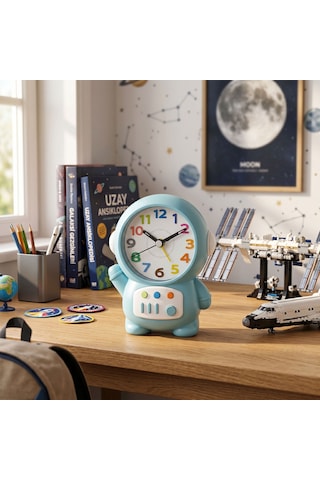 Joyroom Astronot Tasarımlı Dekoratif Çocuk Odası Masa Saati - Sessiz Çalışan Masaüstü Saati - Mavi Beyaz Renkli Sayılar 04184581