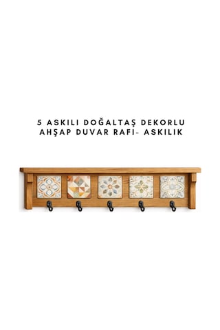 5askılı Doğaltaş Dekorlu Ahşap Duvar Düzenleyici Giriş Holü Anahtarlığı, Mutfak Ve Banyo Duvar Rafı 42x12-5 Askılı