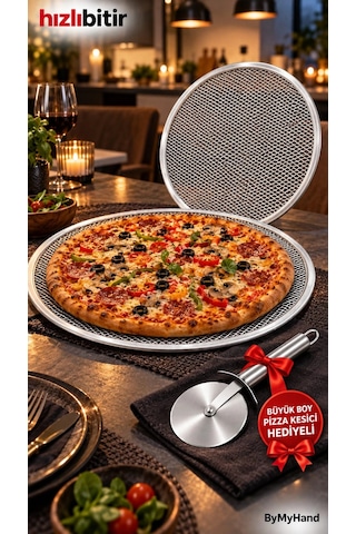 Bymyhand Metal Sanayi Tipi Profesyonel Pizza Tepsisi 2'li Set 28 32 Cm Pizza Kesici Hediyeli Büyük B Çok Renkli
