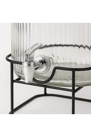 Qerhome Cam Şerbetlik 3,75 Litre, Musluklu, Bambu Kapaklı, Metal Standlı