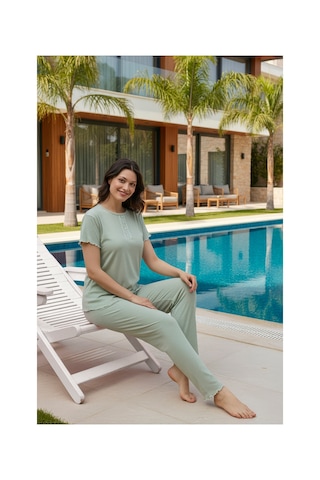 Rindahomewear Kadın Fitili Kısa Kol Pijama Takımı Yeşil