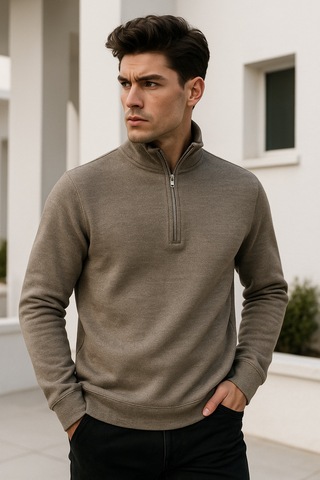 Rich Erkek Bej Yarım Fermuarlı Sweatshirt Bej