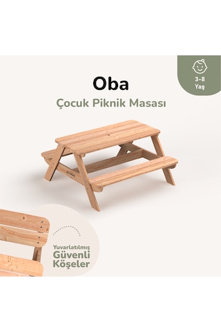 Ovlo Ahşap Çocuk Bahçe Masası Şemsiye Delikli 3-8 Yaş 4 Kişilik Oba Naturel