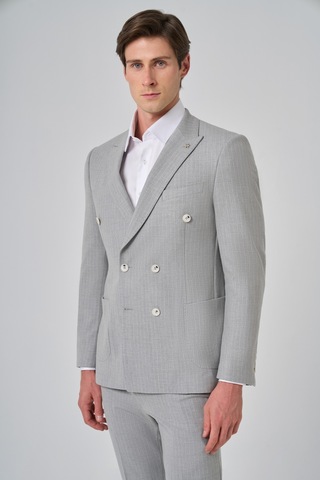 Morven Erkek Gri Poliviskon Trend Çizgili Slim Fit Sivri Yaka Kruvaze Takım Elbise 26ms001007100 Gri