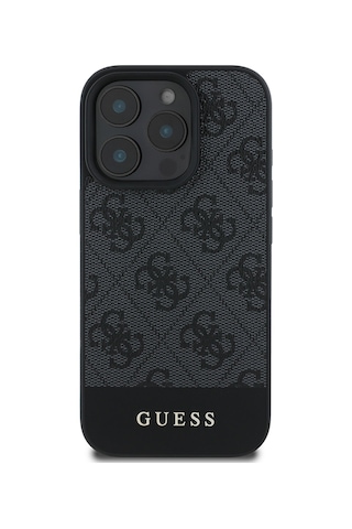 Apple Uyumlu iPhone 16 Pro Kılıf Guess Lisanslı Pu Deri Şerit Logo Dizaynlı Kapak Gri