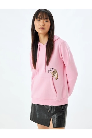Koton Kapüşonlu Oversize Sweatshirt Kedi İşlemeli Cep Detaylı Şardonlu Pembe 5wal10207ık Gül