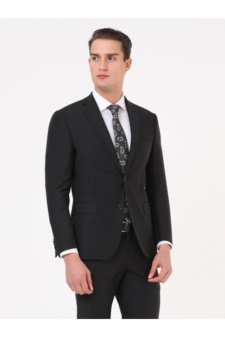 Siyah Düz Regular Fit Yün Karışımlı Takım Elbise Siyah