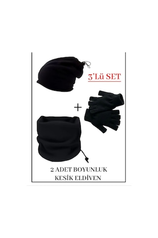 Bawcompany 3'lü Boyunluk Bere Eldiven Set Siyah