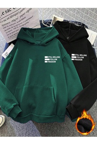 2'li Still Freedom Kalın Kışlık Sweatshirt - Siyah Nefti Yeşil Baskılı Oversize Kapüşonlu Siyah Nefti Yeşil