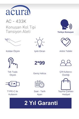 Acura AC-433K Türkçe Konuşan Koldan Tam Otomatik Tansiyon Aleti + Çanta