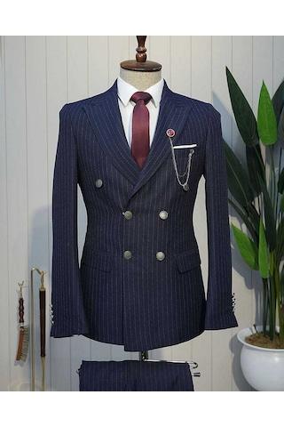 Bys Beystil Sivri Yaka Lacivert Çizgili Kruvaze Takım Elbise Togo - Slim Fit