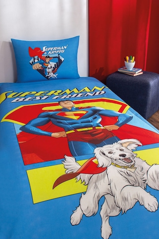 Özdilek Superman Best Friend Tek Kişilik Lisanslı Lastikli Çarşaf Çocuk Nevresim Takımı Mavi