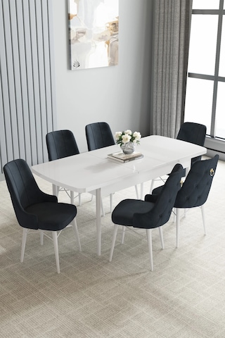 Zümra Serisi, Beyaz 80x132 Açılabilir Mdf Mutfak Masası Takımı 6 Adet Sandalye, Antrasit