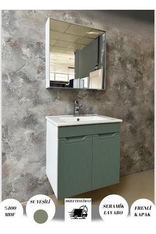 Banyo Dolabı Aynalı Cnc İşlemeli 65 Cm Yeşil