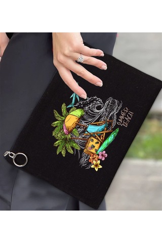Bk Gift Yaz Temalı-9 Antrasit Siyah Portföy Çanta 30x21cm, Baskılı El Çantası, Organizer Çanta