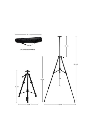 Katlanabilir Metal Tripod Şövale - Kollu Yükseklik Ayarlı, Taşıma Çantalı, Siyah