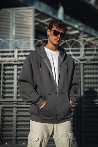 Erkek Tam Fermuarlı Cepli Kapüşonlu 3 İplik Pamuklu Hoodie Sweatshirt - Füme
