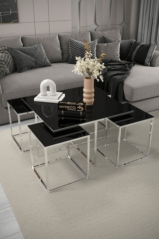 4+1 Gümüş Kaplama Siyah Ayna Orta Sehpa