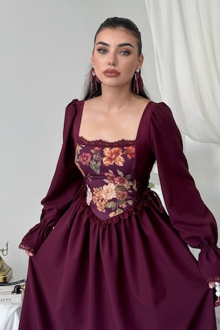 Nils Boutique Vintage Korsajlı Midi Elbise Bordo