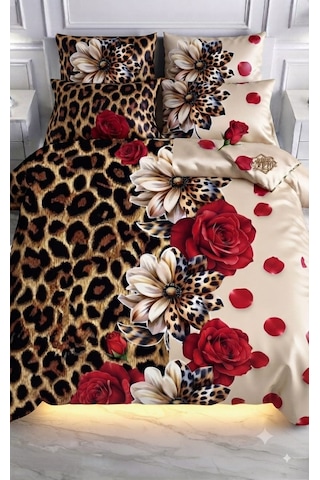 Özel Tasarım Marka Çift Kişilik Nevresim Takımı Organik Saten Pamuk Luxury Premium Cotton Kumaş 240 260 Cm Ranforce Deluxe Seri Leopar Desen Kalp Lotus Çiçek Genç Aşk Gül Açik Mavi