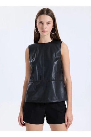 Sisley Deri Görünümlü Regular Fit Bisiklet Yaka Kolsuz Bluz Kadın Siyah Bluz - 325a54uklq09v
