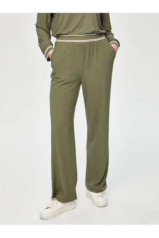Faik Sönmez Relax Çizgili Ribana Detaylı Wide Leg Örme Pantolon 69767 U6976754 Haki