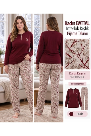 Angelina Kadın Battal Düğmeli Yaka %100 Pamuk İnterlok Kışlık Pijama Takımı 10018 - 1 Adet Bordo
