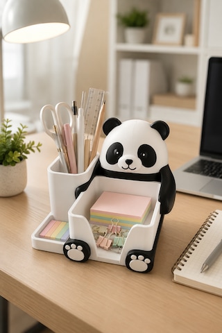 Panda Tasarımlı Masaüstü Organizer Kalemlik Notluk Ofis Çalışma Masası Düzenleyici Siyah Beyaz