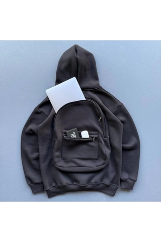 Buğrahayalin 3 İplik Şardonlu Tam Fermuarlı Kapüşonlu Arka Çanta Detaylı Sweatshirt - Siyah