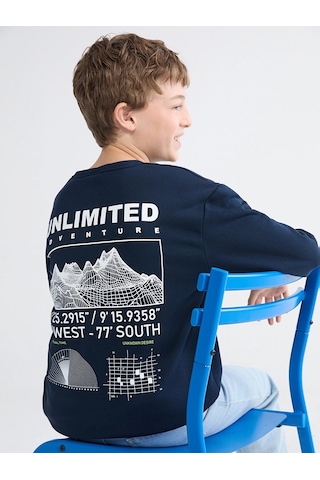 LC Waikiki Lcw Kids Lacivert Baskılı Erkek Çocuk Kalın Sweatshirt New Navy
