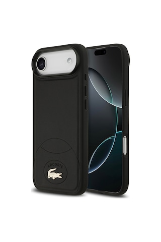 Apple Uyumlu iPhone 17 Air Kılıf Lacoste Lisanslı M-safe Şarj Özellikli Pu Deri Metal Logolu Kapak Siyah Siyah