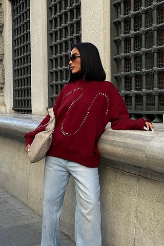 WeShaya Kadın Bordo Pamuklu Taşlı Oversize Sweatshirt Bordo