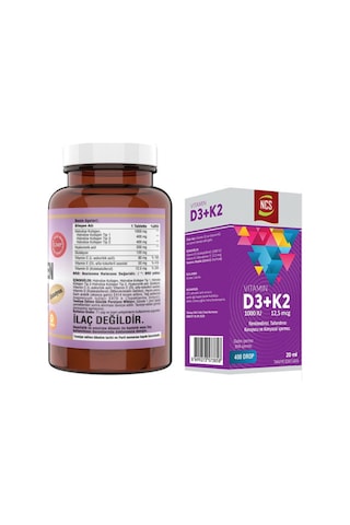Kollajen Tip 1-2-3 Vitamin C & E 1000 Mg 90 Tablet & Vitamin D3 + K2 Damla 20 Ml