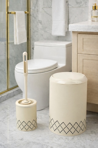 Geometrik Zikzak Desenli 2'li Banyo Seti Krem