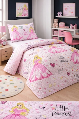 Kız Çocuk Genç Pike Yatak Örtüsü Takımı Prenses Desen Kapitone Pamuklu 4 Mevsim Çarşafsız 160x230 Pembe