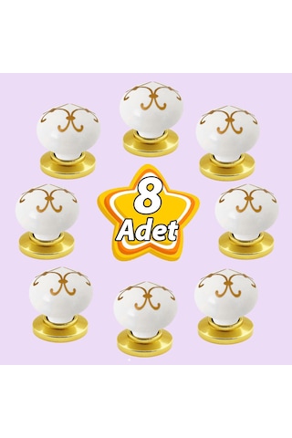 8 Adet Defne Altın Çizgili Beyaz Polimer Düğme Kulp Altın Tablalı Mobilya Mutfak Dolabı Çekmece Kulbu Kulpları